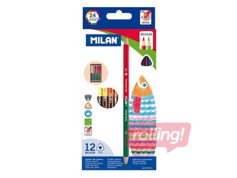 Värvilised pliiatsid Milan, kolmnurkne, kahepoolne, 24 värvi