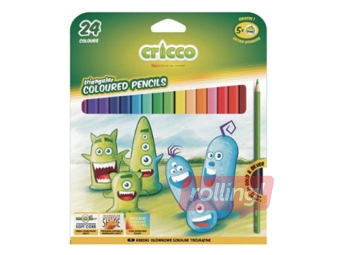 Värvilised pliiatsid Cricco, kolmnurksed, 24 värvi