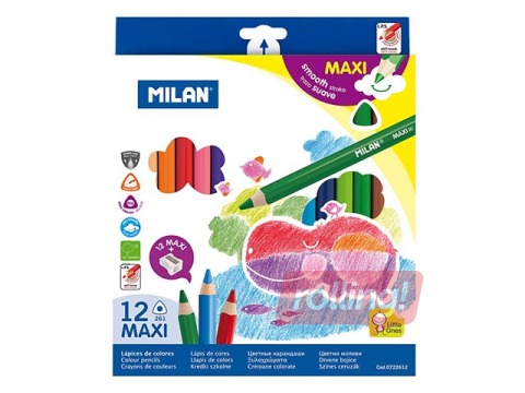 Värvilised pliiatsid Milan Maxi, kolmnurkne, 12 värvi, teritajaga