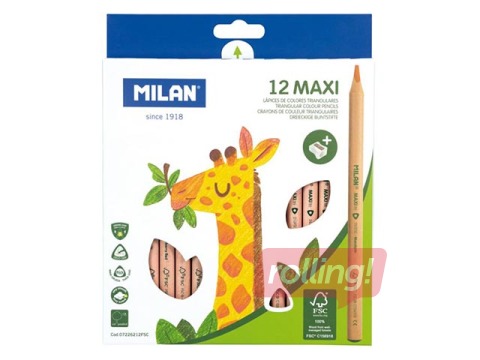 Värvilised pliiatsid MILAN 12 värvi, kolmnurksed, Maxi, FSC® sertifikaadiga puit + teritaja