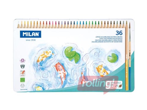 Värvilised pliiatsid - vesivärvid Milan, 36 värvi, metallkarbis