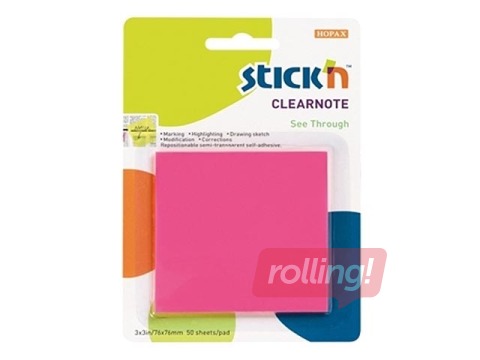 Liimiribaga paberid StickN, 76 x 76 mm, 50l, läbipaistev, roosa