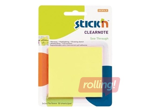 Liimiribaga paberid StickN, 76 x 76 mm, 50l, läbipaistev, kollane