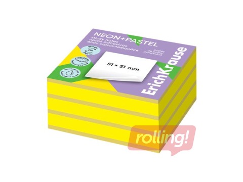 Kleepmärkmete kuubik ErichKrause, neoon+pastell kollane, 51x51mm, 250 lehte