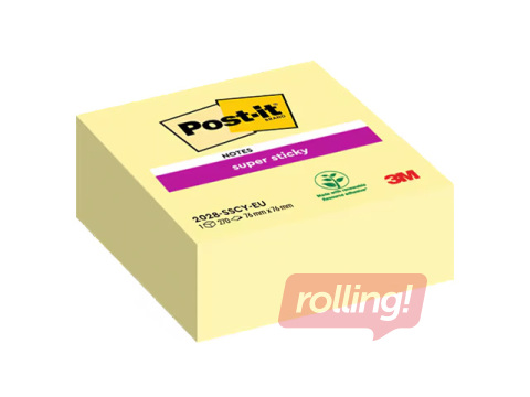 Märkmepaberid Post-it, Super Sticky, kanaarikollased, 76x76mm, 270tk.