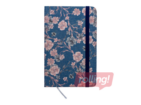 Kõvade kaantega märkmik Flowers, kummiga, sinine, A7, 80 lehte