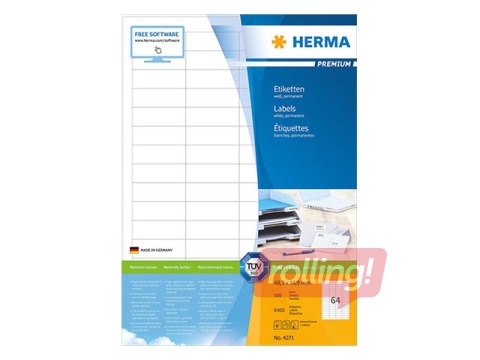 Etiketid Herma Premium, A4, 48,3 x 16,9 mm, 100 lehte, valge