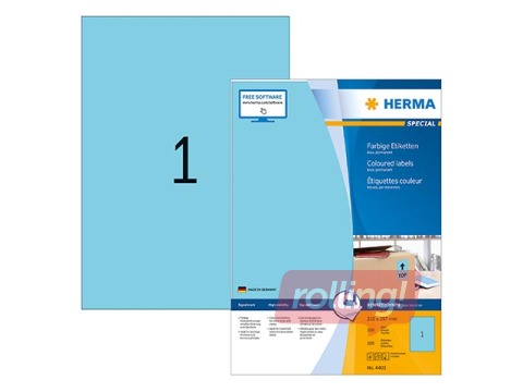 Coloured labels A4, 210 x 297 mm, blue, permanent adhesion, 100 sheets