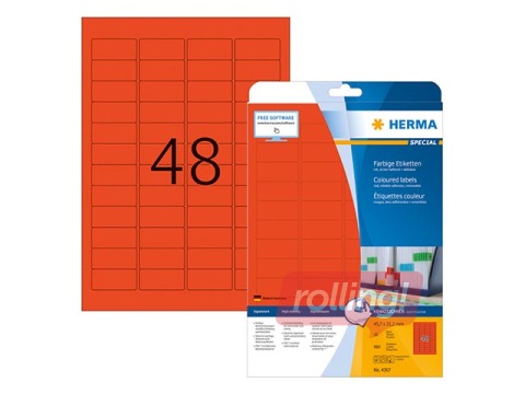 Coloured labels A4, 45,7 x 21,2 mm, red, removable