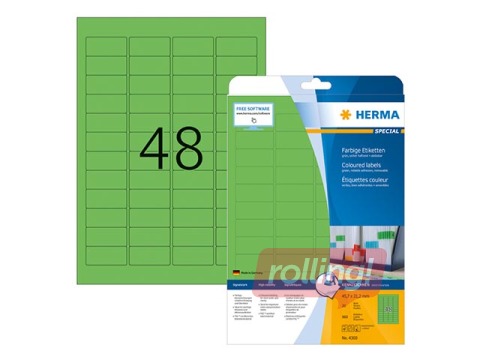 Coloured labels A4, 45,7 x 21,2 mm, green, removable