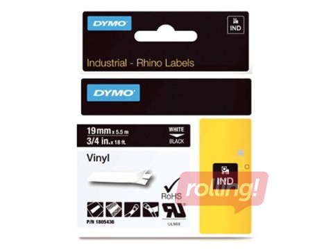 Markeerimislint Dymo Rhino 19mm x 5,5m, vinüül, valge, must kirjad