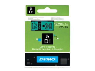 Marķēšanas lente DYMO D1, 12 mm x 7 m, melni burti uz zaļa fona 