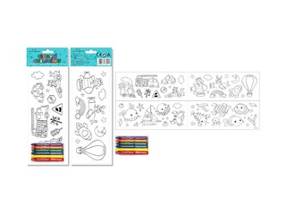 Self-adhesive colouring pages and wax crayons