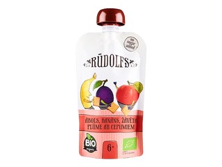 Püree Rūdolfs banaani, ploomide ja küpsistega BIO, alates 4 kuust, 110g (Miinimumtellimus 6 tükki.)