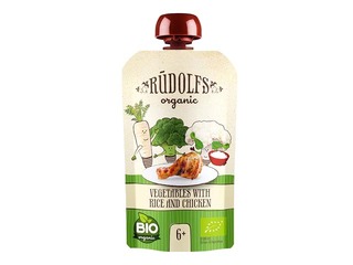 Köögiviljad riisi ja kanaga Rūdolfs BIO, alates 6 kuust, 110g (Miinimumtellimus 6 tükki.)