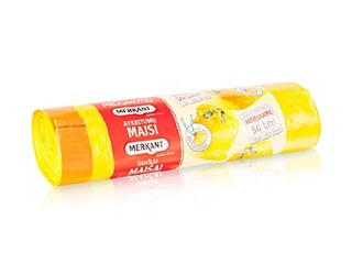 Prügikotid Merkant, 50 l, 25 mic., 12 tk., kinnitusnööriga, kollane