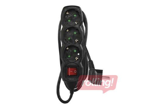 Pagarinātājs 3-vietīgs 1.5m ar zemējumu un slēdzi, melns