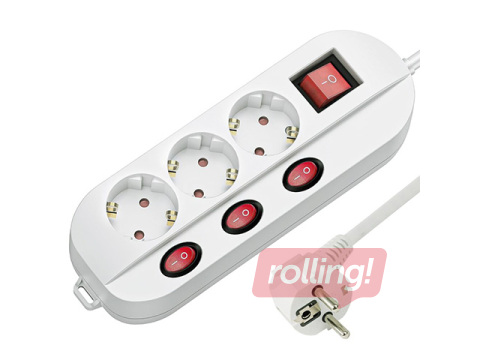Pikendusjuhe, 3 pistikupesa, maandusega ja 3+1 lülitiga, valge, 1.5m