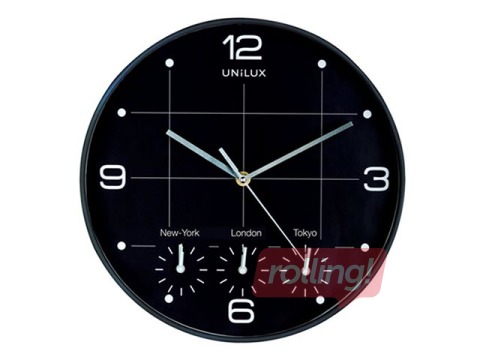 Unilux On time wall clock, 4 different time zones, black, 30.5 cm