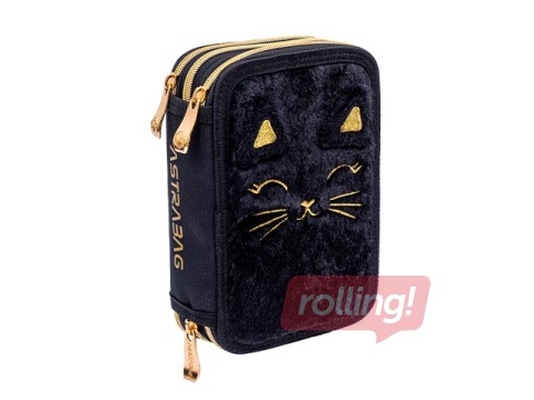 Pliiatsitasku Astra, Flyffy Kitty Black, 3 sektsiooni, tarvikutega