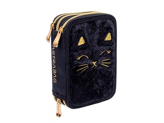 Pliiatsitasku Astra, Flyffy Kitty Black, 3 sektsiooni, tarvikutega