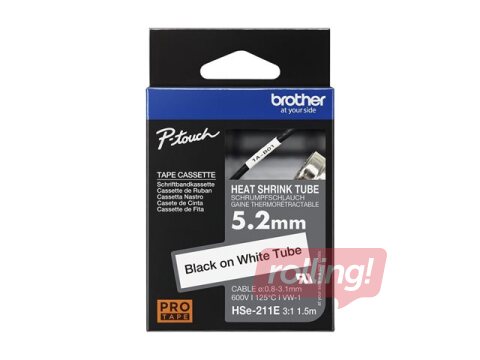 Brother HSe-211E Heat Shrink Tube Tape Cassette - Black on White, 5.2mm wide