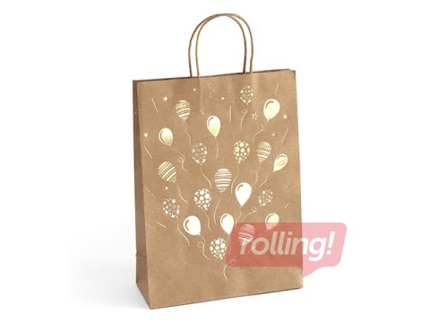 Paper bag with handles, 33 x 10 x 24 cm, brown with gold balloons, 5 pcs