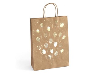 Paper bag with handles, 33 x 10 x 24 cm, brown with gold balloons, 5 pcs