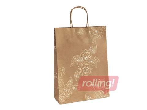 SALE Paper bag with handles, 24 x 10 x 33 cm, brown with gold flowers, 5 pcs