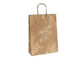 SALE Paper bag with handles, 24 x 10 x 33 cm, brown with gold flowers, 5 pcs