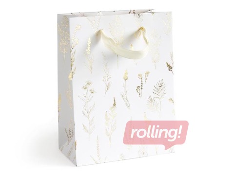 Paper bag with handles, 15 x 8 x 20 cm, white with gold motif , 5 pcs
