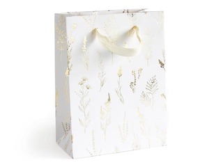 Paper bag with handles, 15 x 8 x 20 cm, white with gold motif , 5 pcs