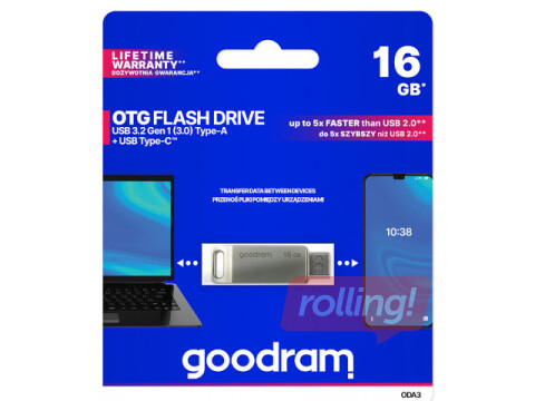 Mälupulk Goodram ODA3 USB 3.2 / USB Type-C 16 GB, hõbedane