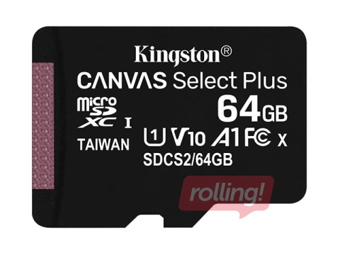 Kingston Canvas Select Plus UHS-I 64 GB, MicroSDXC, Flash memory class 10, SD Adapter