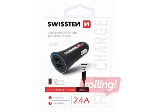 Swissten Premium Car charger 12 / 24V / 1A + 2.1A + USB-C Data Cable 100 cm, Black
