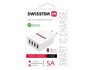 Swissten Smart IC Premium Tīkla Lādētājs USB 4x 2.1A / 20W / 4A Ar Automātisku Strāvas Stipruma Identifikāciju, Balts