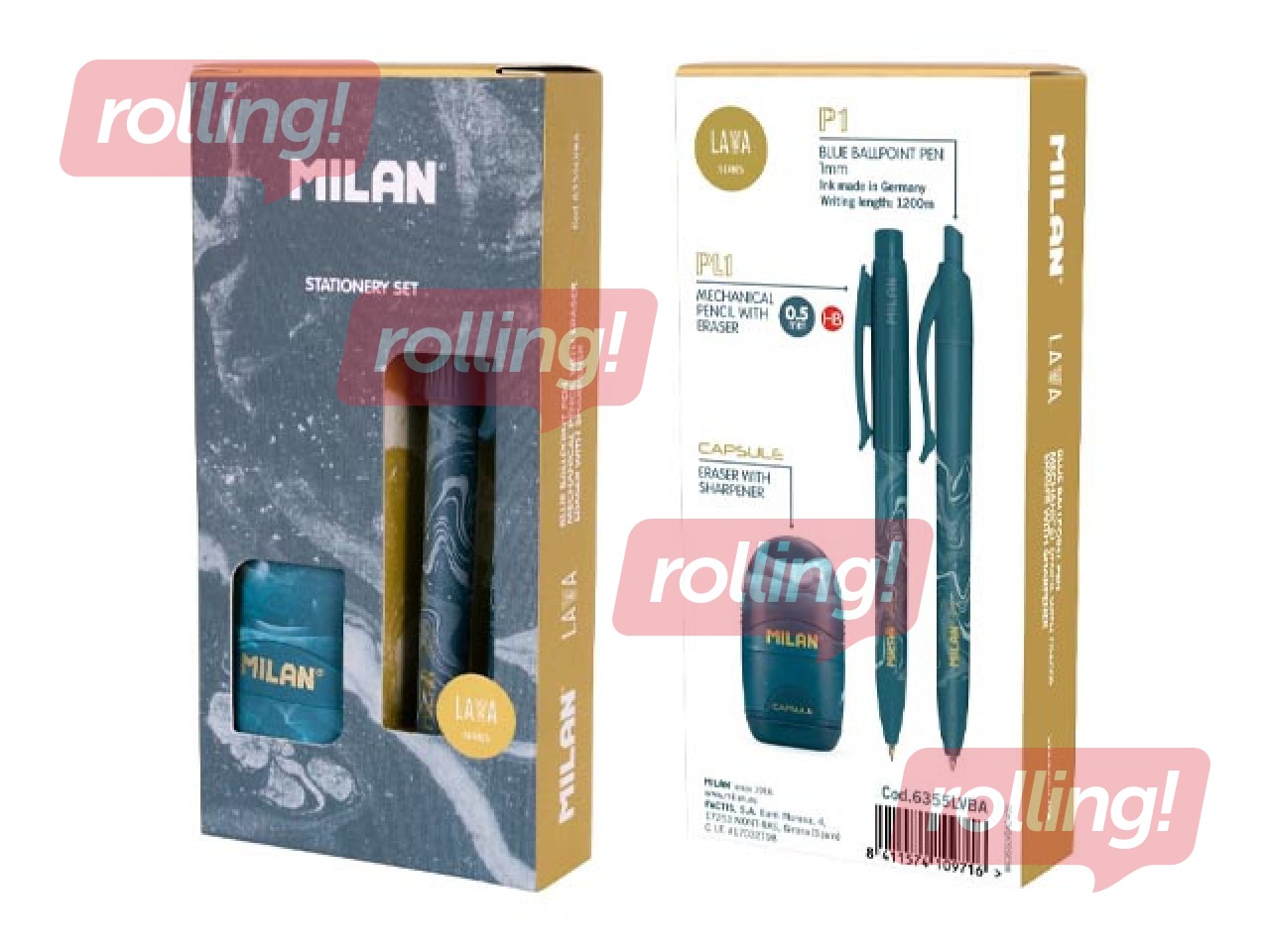 Kuulfüüsli pastapliiatsi, mehaanilise pliiatsi ja kustutuskummi komplekt Milan, Lava, sinine