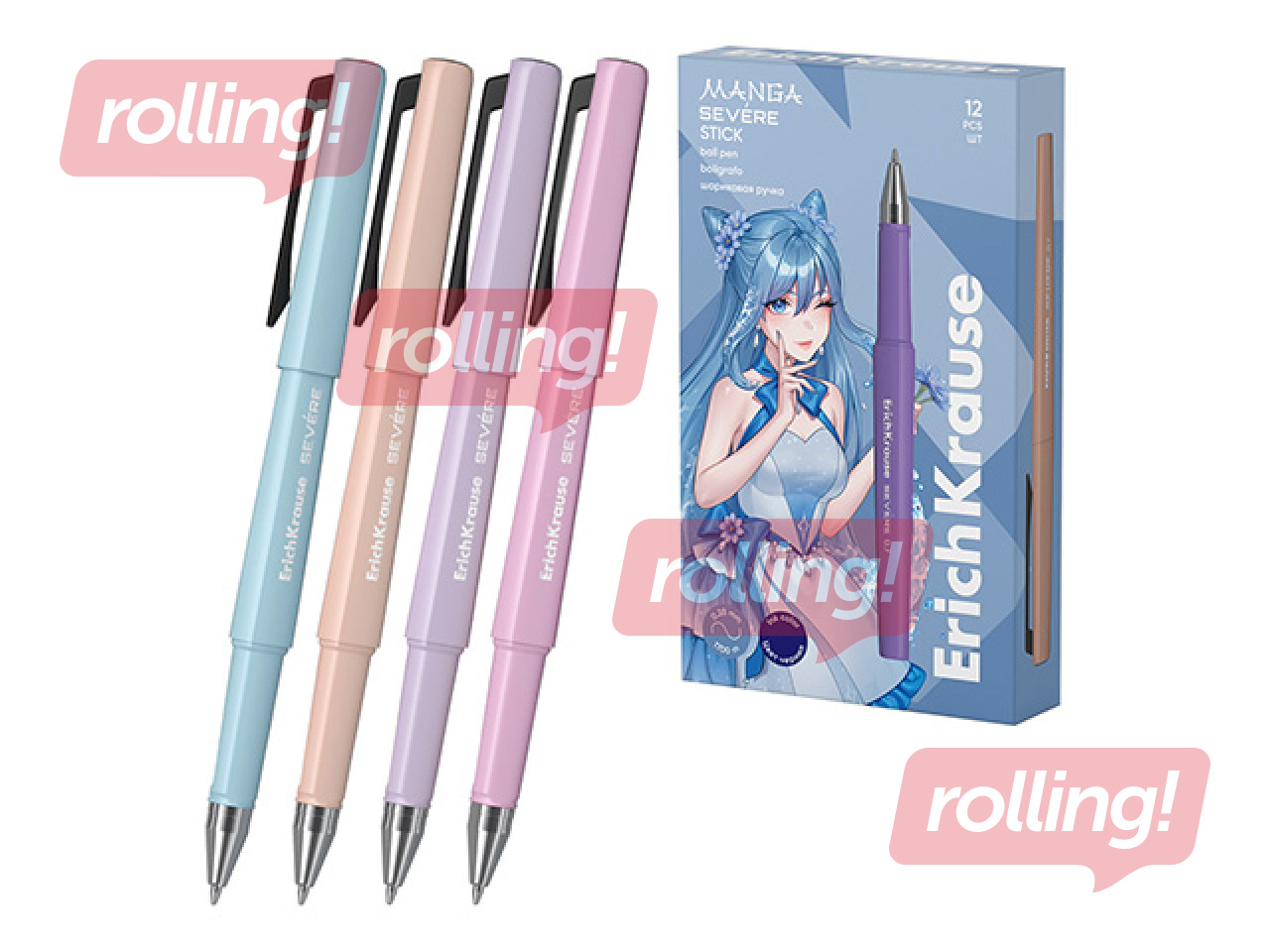 Pastapliiats Erich Krause, Manga, erinevad korpuse värvid, sinine tint, 0.7mm, 12 tk.