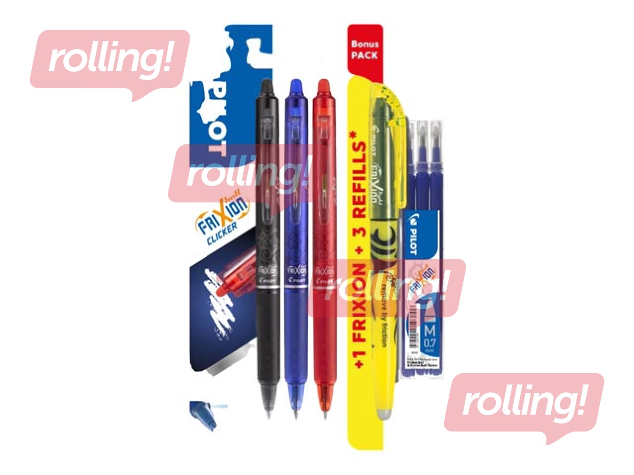 Set: Pilot Frixion rollerball pens + highlighter + refills, erasable, 0.7mm