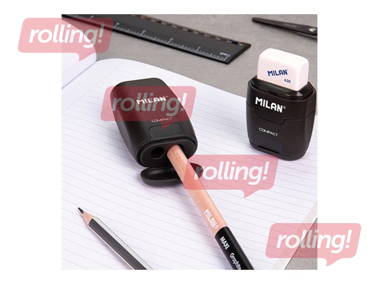 Kahe auguga pliiatsiteritaja Milan Compact Shadow kustutuskummiga