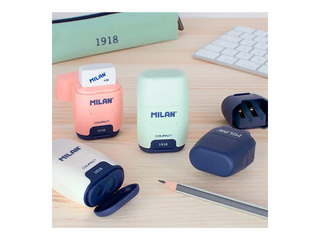 Zīmuļu asinātājs dubultais ar dzēšgumiju Milan Compact 430, 1918, dažādas krāsas, 1 gab.