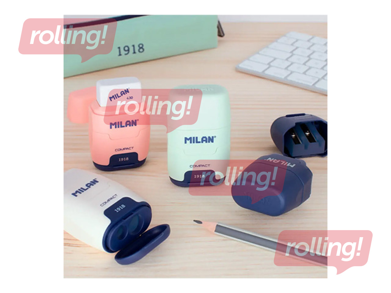 Zīmuļu asinātājs dubultais ar dzēšgumiju Milan Compact 430, 1918, dažādas krāsas, 1 gab.