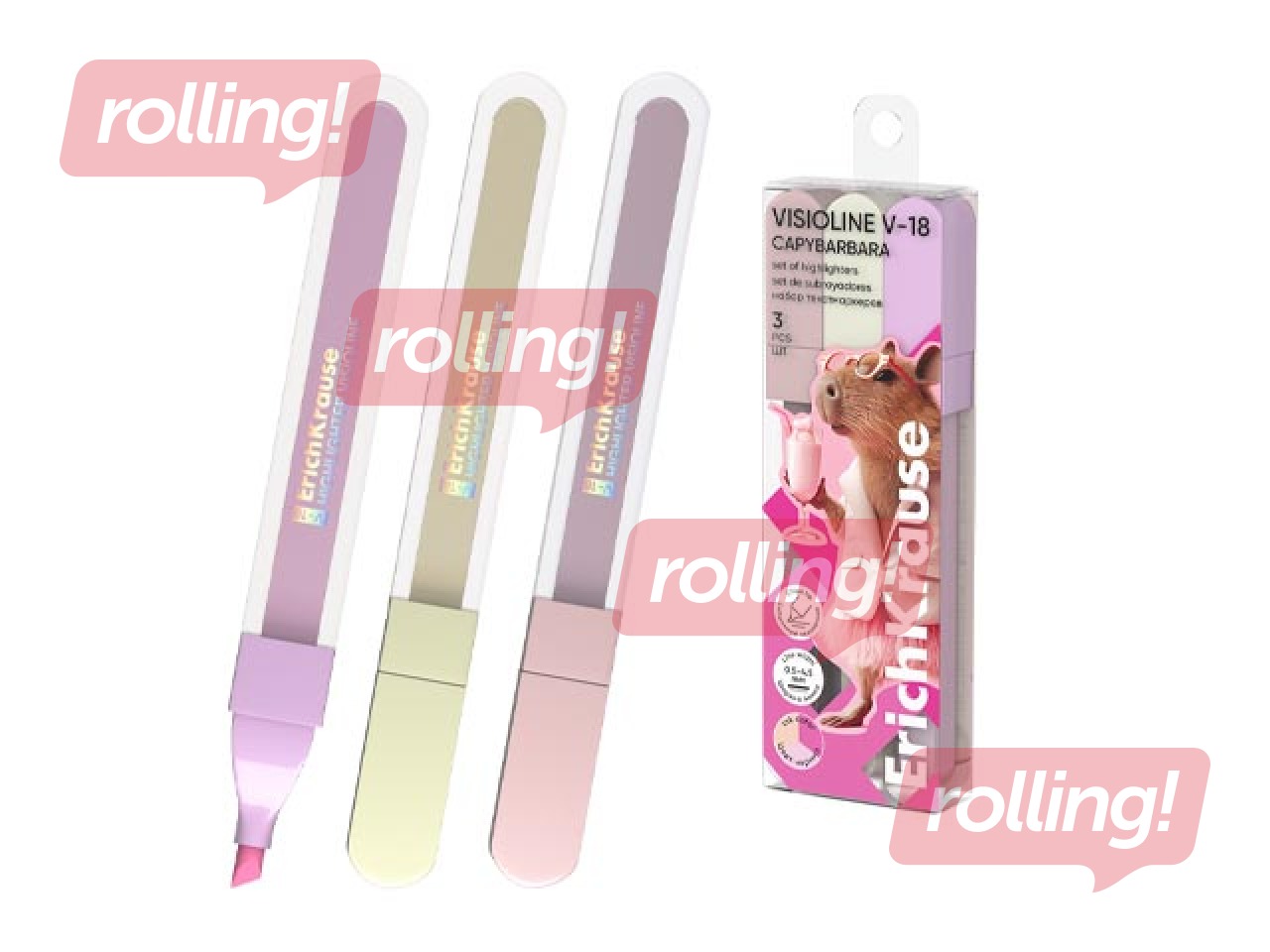 Text highlighter set ErichKrause, V-18 CapyBarbara, 0.5–4.5mm, 3 pastel colors
