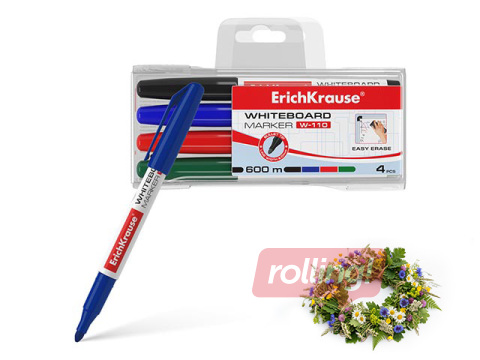 Marķieru komplekts baltajai tāfelei, ErichKrause W-110, apaļš, 4 krāsas + Līgo dāvana!