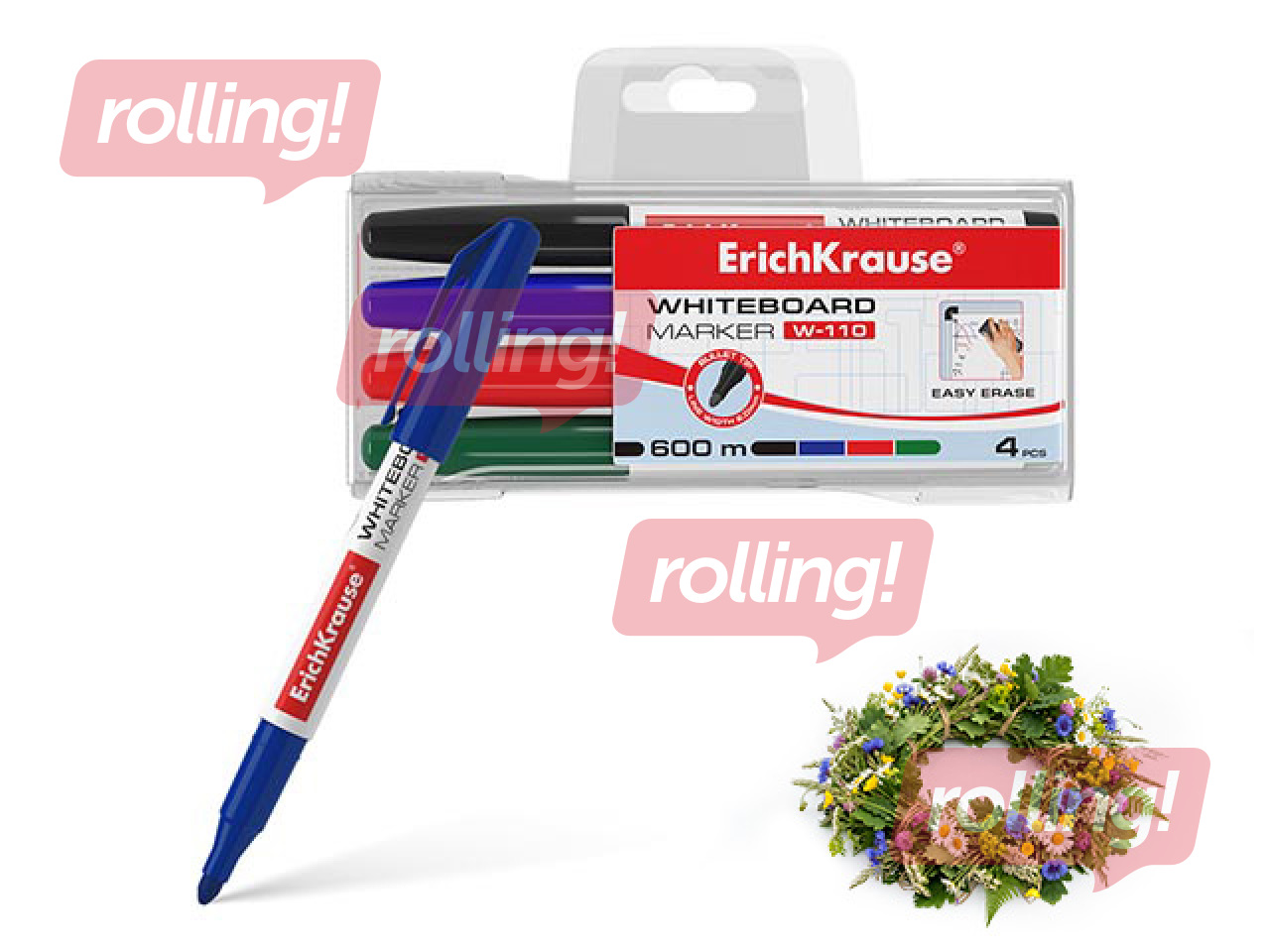 Valge tahvli marker ErichKrause W-110, ümmargune, 4 värvi + Jaanipäeva kingitus!