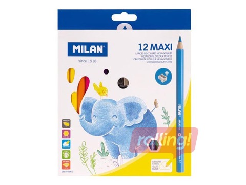 Värvilised pliiatsid Milan Maxi, 12 värvi, teritajaga