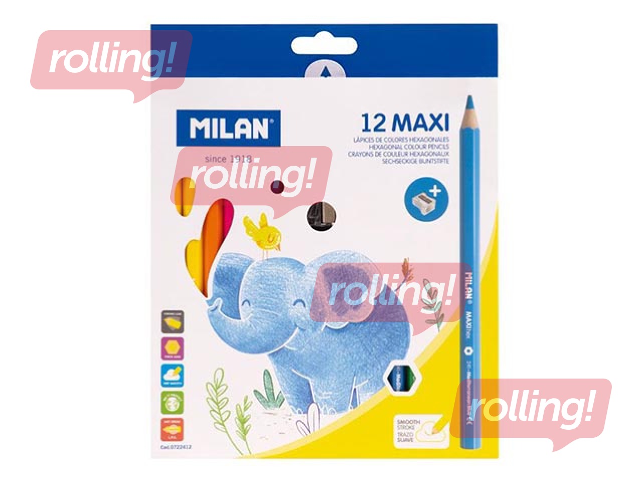 Värvilised pliiatsid Milan Maxi, 12 värvi, teritajaga