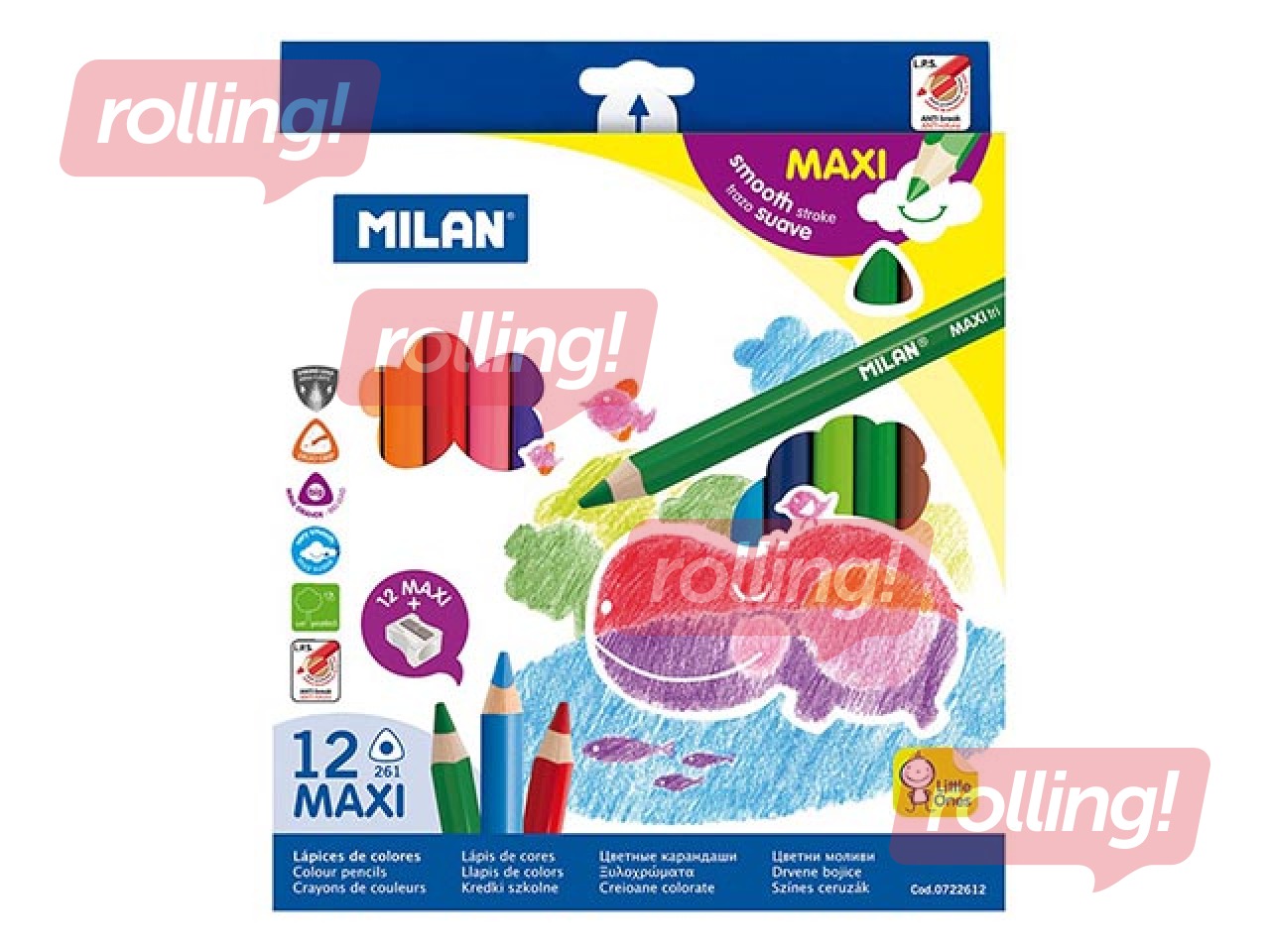 Värvilised pliiatsid Milan Maxi, kolmnurkne, 12 värvi, teritajaga