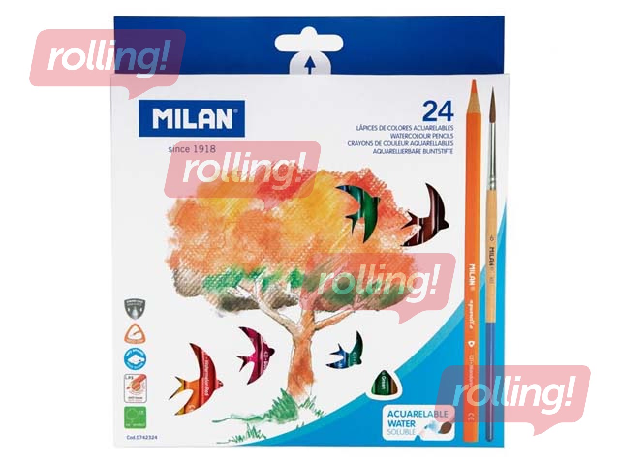 Vesilahustuvad värvilised pliiatsid Milan, 24 värvi