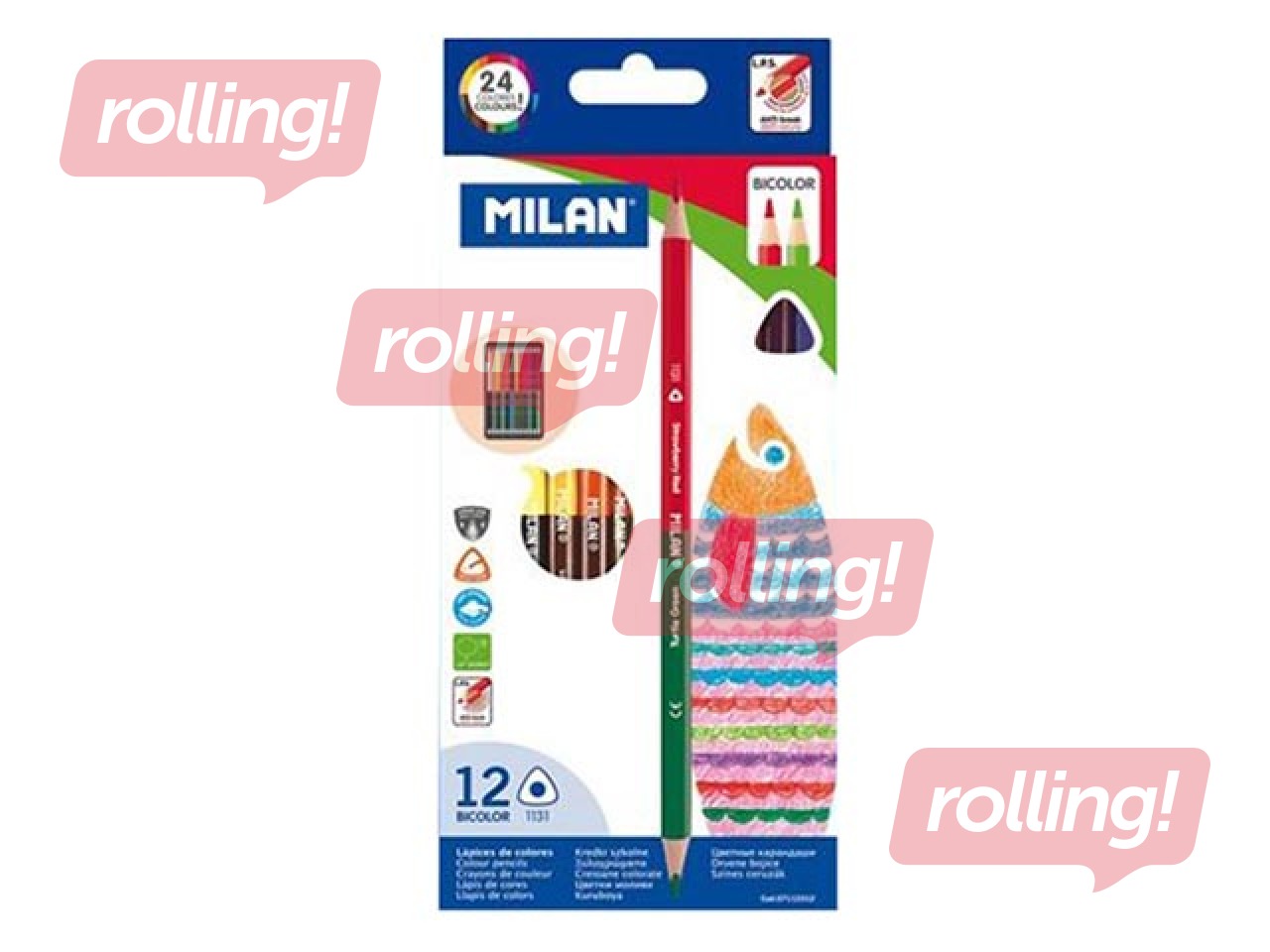 Värvilised pliiatsid Milan, kolmnurkne, kahepoolne, 24 värvi